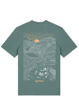 Glendalough t-shirt laid flat, showing the back print, in Green Bay organic cotton