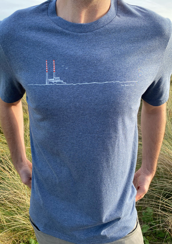 Poolbeg Chimneys / Pigeon House (Dark Heather Blue)-100% Organic cotton t-shirt